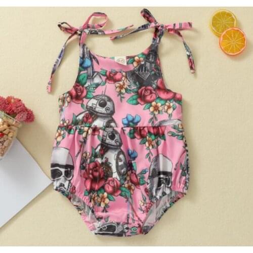Toddler Baby Girls Robot Floral Print Romper Infant Kids Cotton Summer Playsuits Children Sleeveless Short Sling Jumpsuit Outfit