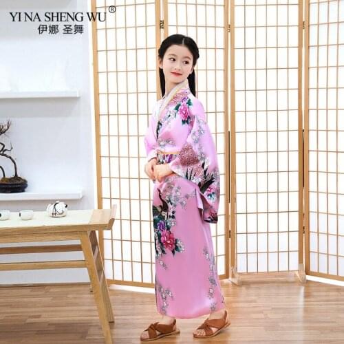 Wholesale Childrens Kimono Japanese Bathrobe Girl Princess Dress Lovely Bow-knot Yukata Printed Childrens Kimono Leisure Dress