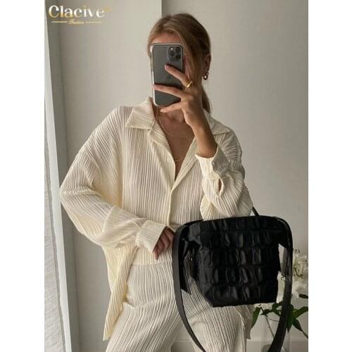 Clacive Causal Loose Home Suit Autumn Long Sleeve Blouse With High Wasit Pants Set Women Elegant Pleated Beige 2 Piece Pant Sets