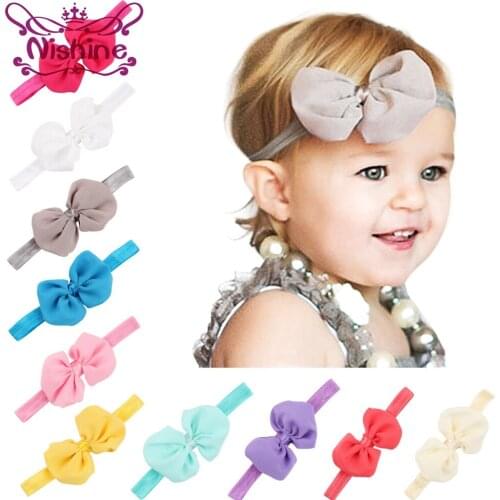 Nishine 14 Colors Chiffon Bowknot Kids Headbands Elastic Hair Bands Solid Color Hair Bows Girls Head Accessories