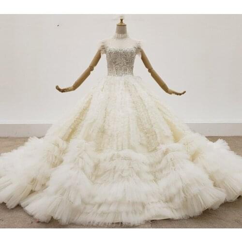 Luxury Beading Top Ball Gown Wedding Dress 2021 200CM Cathedral Train Button Back Puffy Gown Birdal Wedding Women Wear White