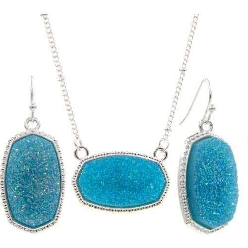 Silver Necklace With Earrings Jewelry Set Fashion Druzy Drop Earrings for Women Choker