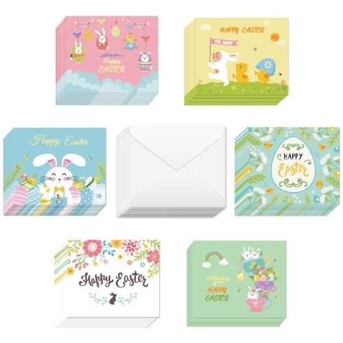 52pcs Cute Kawaii Kraft Gift Cards Happy Easter Theme Greeting Cards with Envelopes Fancy Easter Rabbit Party Stickers