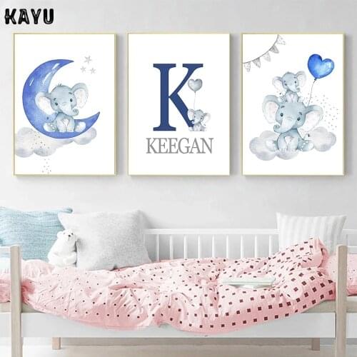 Blue Moon Balloon Canvas Art Print Poster Elephant Nursery Wall Art Custom Name Painting Nordic Picture Boy Baby Room Decoration