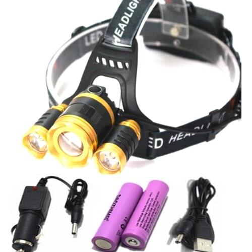 3 LED Headlamp XML T6 10000LM USB Headlight frontale Flashlight 4 Mode Torch Lights with Car Charger With 18650 Battery