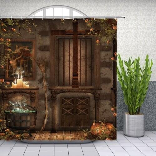 Halloween Shower Curtains Witch House Pumpkin Flower Plant Vine Broom Candle Holiday Themed Bathroom Decor Cloth Curtain Set