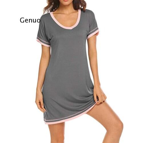 Women Sexy Sleepwear Ladies Cotton Solid Color Round Neck Short Sleeve Nightdress Lingerie Home Clothing