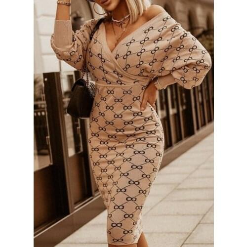 Hot selling hot sexy long sleeve fashion print V-neck buttock womens mid length dress