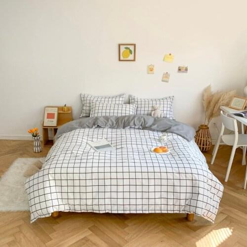 2021New Textile White lattice Simple Bedding Sets Duvet Cover Pillowcase Flat Sheet Boy Teen Adult Girls Bed Linen Queen