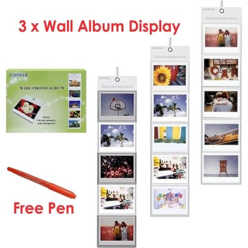 3 x Hang Wall Album 5 Pockets / Pcs For Fujifilm Instax Fuji Instant 210 300 Wide Film Paper Photos Value Pack + Free Marker Pen