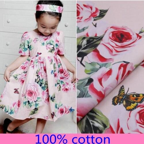 50*145cm pink rose cartoon print cotton fabric for women kids dress DIY cloth Patchwork for Sewing Needlework handwork Material
