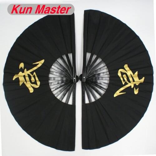 Bamboo Double Tai Chi Performance Fan Left And Right Martial Arts Fan Kung Fu Fans Black Cover Chinese Word Pattern
