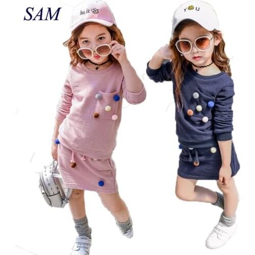 Girls winter clothing set long sleeve shirt with ball with pencil skirt pink and blue color fashion clothes set kids children