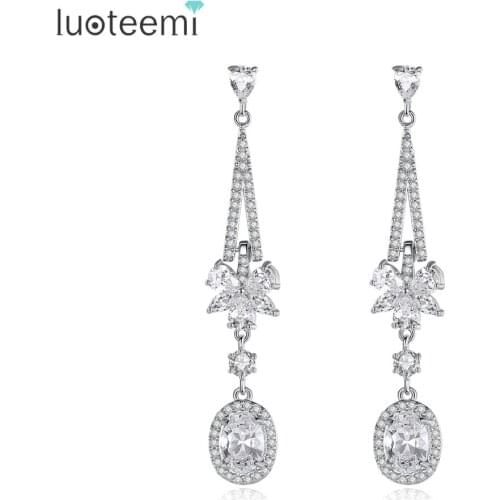 LUOTEEMI Shining Flower Shape Long Dangle Drop Earrings for Elegant Women Girls Party Wedding Clear CZ Fashion Jewelry Brincos
