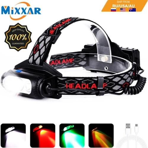 EZK20 Dropshipping COB Headlamp 8 Mode Red Green Light Rotatable T6 LED for Camping Hiking Fishing No 18650 Battery