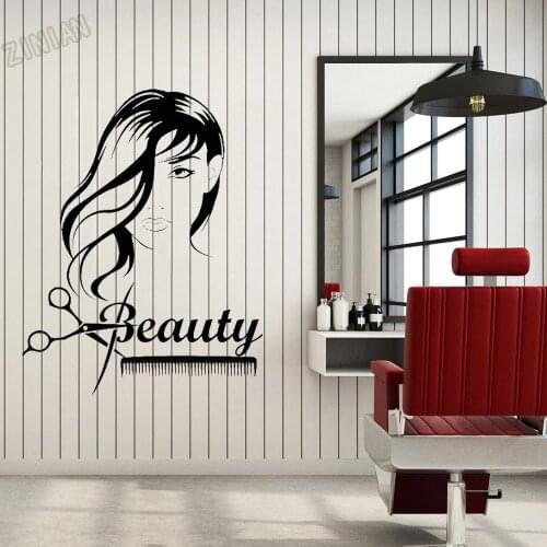 Beautiful Long Hair Scissors Wall Stickers Beauty Salon Vinyl Wall Decals For Woman Room Barbershop Home Decor Wall Murals Y245