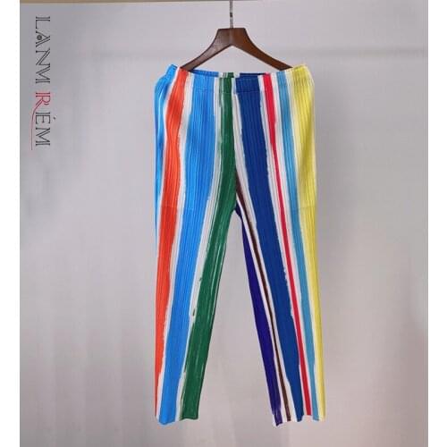 LANMREM Pleated Print Striped Straight Pants For Female Summer Elastic Waist Trousers Beach Vacation Pants 2D1763