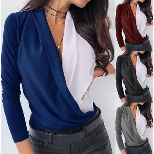 Leosoxs 2021 Spring Autumn Fashion Sexy Deep V Neck Womens T Shirt Casual Solid Long Sleeve Color Matching Ladies T Shirts Tops