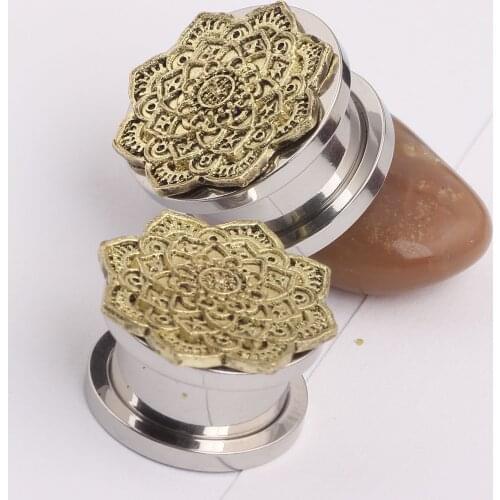 2016 New 316L Stainless Steel Copper Flower Flash Tunnels Kit Piercing Hollow Expander Body Jewelry Ear Plugs W02 Free Shipping