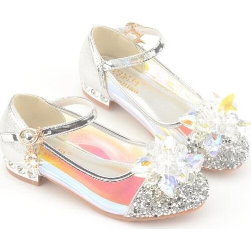 New Girls Spring Childrens High-heeled Metal Low-heeled Shoes Silver Chidrens Performance Shoes Girls Sequined Flowers Shoes