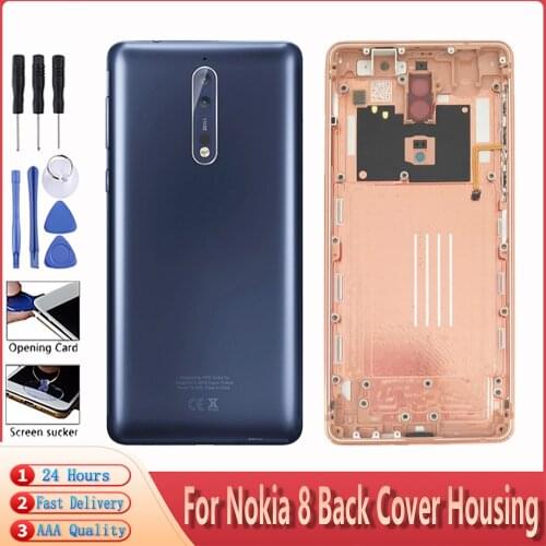Original Battery Cover For Nokia 8 Back Housing Cover + Side Keys + Camera Glass Lens Replacement Spare Repair Parts