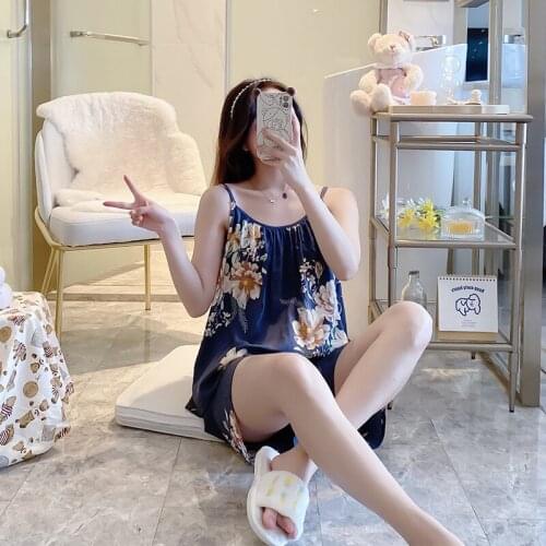Womens Strap Top Shorts Pajamas Suit Cute Print Cotton Sleepwear Casual Home Clothes Loose Nightwear Summer New Sleep Pyjamas