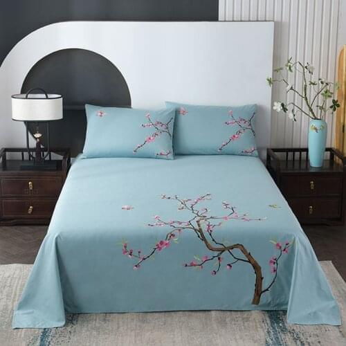 Cilected 100% Cotton Thick Bed Sheet And Pillowcase Floral Embroidery Bedding Sheet Soft Naked Sleep Bed Cover For Adults