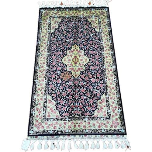 Seeykeep™ 2.25x4ft 260Lines 100%Silk Handknotted Oriental Rug Use Stunning Central Rose IndigoBackcolor and GoldBorder-SK3036213