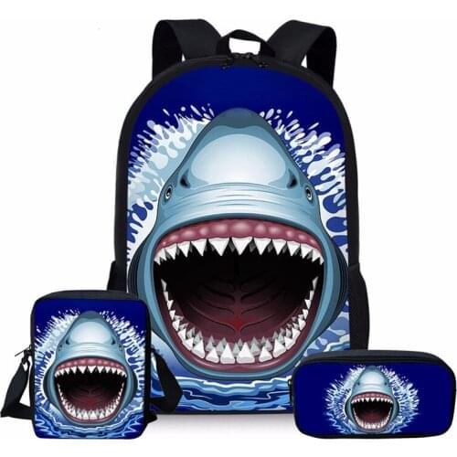 ELVISWORDS Cool Shark Attack Print School Bags For Girls Boys Travel Shoulder Bags Shcool Backpack Set Kids Bag Mochila Escolar