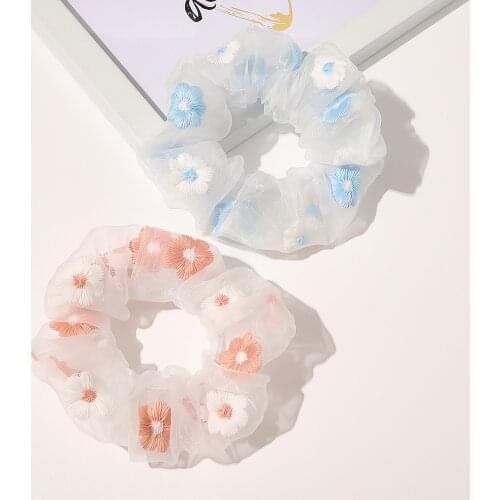 Sweet Embroidery Flower Mesh Scrunchies Women Romantic Pink Blue Transparent Organza Elastic Hair Ties Rope Hair Accessories