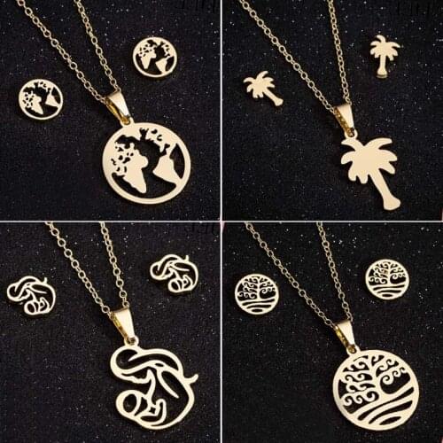 SMJEL Trendy Palm Tree Necklace Stainless Steel Woodland Jewelry Outdoor Gift Natural Map Pendant Mother Jewelry