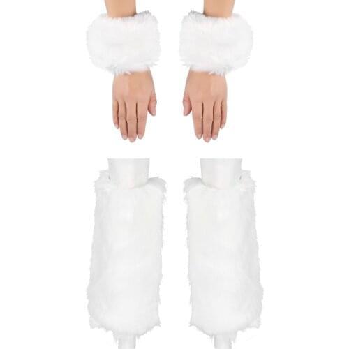Women Girls Winter Warm Props Leg Warmers with Wrist Cuffs Faux Fur Furry Long Leg Boot Warmer Set Cute Cosplay Party Costumes