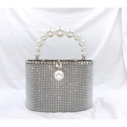 Diamonds Evening Clutch Bags bucke Women New Pearls Handle Metal Cage Clutch Purse Female Chic Shoulder Bags Dinner Party
