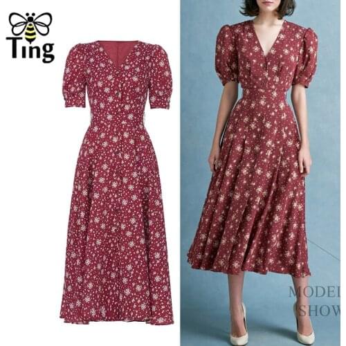 Tingfly Vintage Elegant France Paris Street Chic Floral Red Midi Casual Dress Button Up Summer V neck Retro A Line Dress Vestido