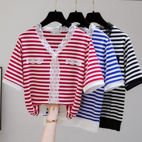Gkfnmt Korea Style Summer Cotton Slim Striped Lace Tops Woman T-shirt Tee Shirt Patchwork Short Sleeve Tshirt Women Clothes Y2K