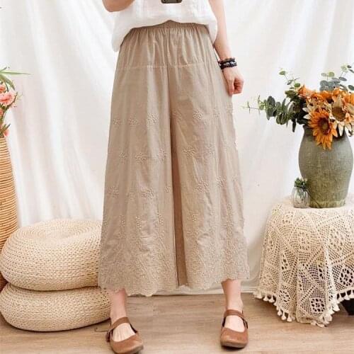 Summer Literary Artistic Small Fresh Elastic Waist Lace Embroidery Wide-Leg Pants Cotton Loose Cropped Trousers Women 2222