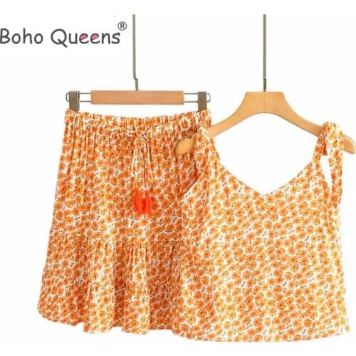 Boho Queens Women two piece outfits strap Sleeveless tops Bohemian Drawstring mini skirts 2 pieces rayon cotton Boho sets
