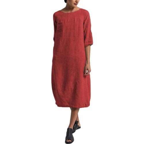 Dress Women Vintage Summer Solid O Neck Half Sleeve Linen Soft Loose Midi Dress vetements femme ete 2020 одежда для женская