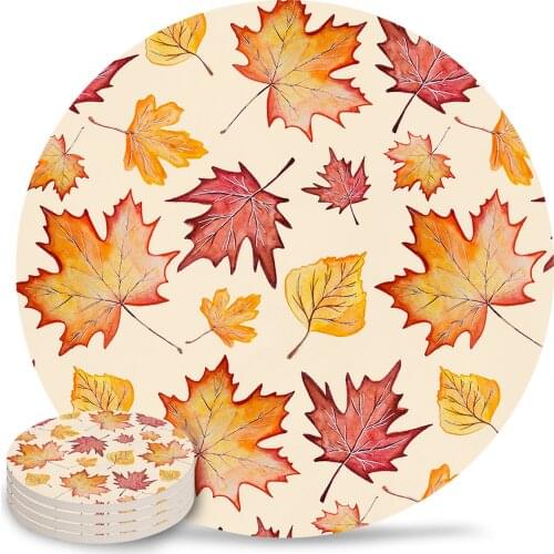 Autumn Maple Leaves Round Coaster Coffee Table Mats Kitchen Accessories Absorbent Ceramic Coasters