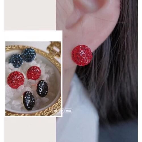 Free Shipping Fashion Crystal Rhinestone Round Shape Stud Earring Red Blue Black Earring Jewelry for Girls Ladies Students Gifts