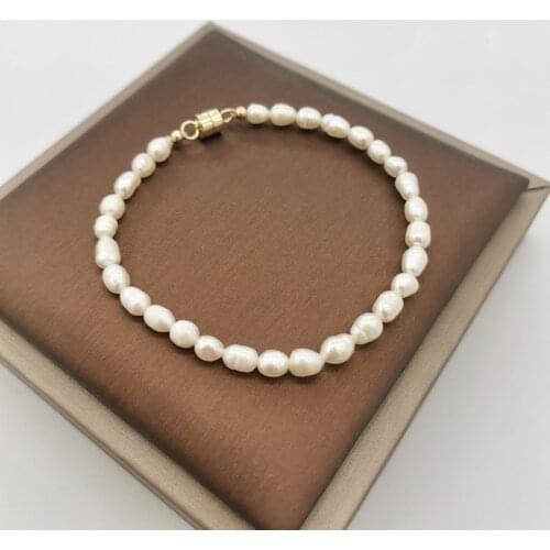 4mm Natural Freshwater Pearls Beaded Bracelet 14K Gold Filled Magnet Clasp White Pearl Barouque Tiny Bracelet For Women Gift