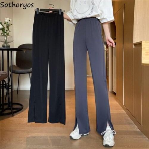 Casual Pants Women Front-slit Solid Design High Waist Wide Leg Elastic Korean Style Trendy Street Wear Females Chic All-match