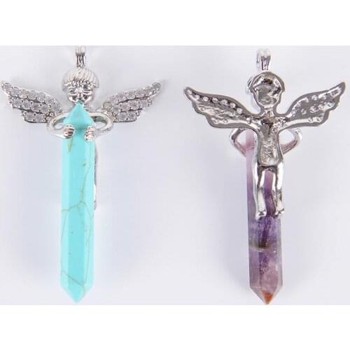 Men & Women Love Gift Natural Crystal Gem Stone Long Sword Hexagonal Prism Cupid Angel Wings Pendants for Necklaces D102 D101A