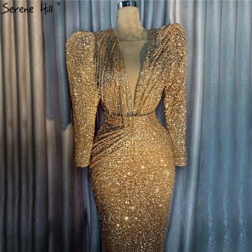 Dubai Designs Gold V-Neck Sexy Prom Gowns 2020 Long Sleeves Beading Sequined Prom Dresses Real Photo BLA70006