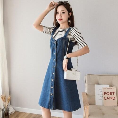 Plus Size Xl 5Xl Jean Dresses Women 2019 Spring Autumn Spaghetti Strap Dress Casual A Line Denim Sundress Overalls Dress AA5215