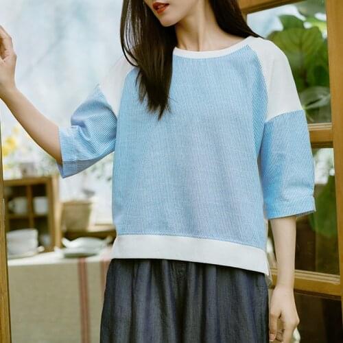 FairyNatural Ladies Korean Style T-Shirts Striped O-Neck Short Sleeve Cotton 2021 Summer Casual Ladies Clothes Loose Tshirt