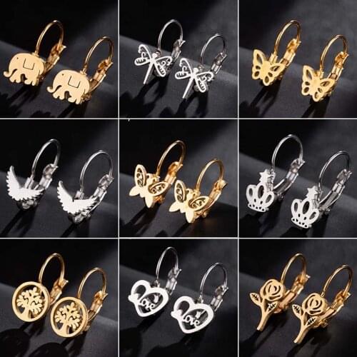 Jisensp New Butterfly Stainless Steel Earings for Women Brincos Small Round Tree of Life Stud Earrings Pierced Jewelry Wholesale