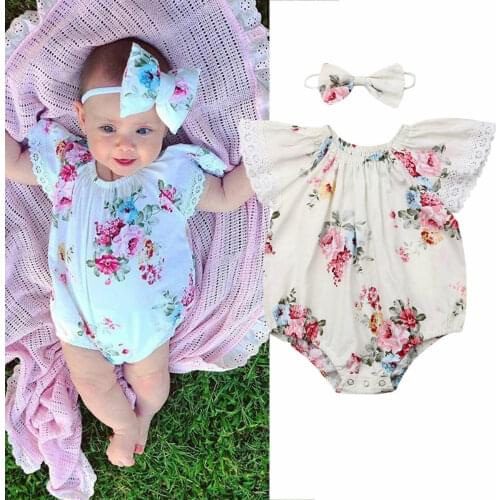 Newborn Toddler Baby Girls Lace Sleeve Floral Bodysuits Jumpsuits Tops Infant Clothes