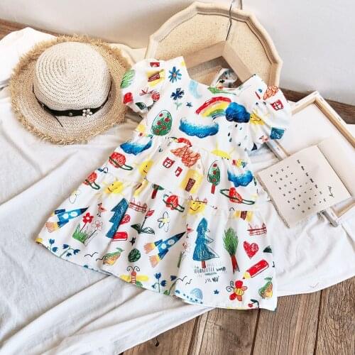 Thunderers kid Girls Summer Dress New Fashion Cartoon Doodle Chiffon Dress 3-7 Years Childrens Clothing Cute Baby Girls Clothes