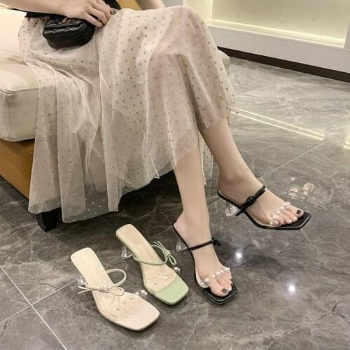 Fashion Sandals Women 2021 Summer New Womens Shoes All-match Pearl Roman Shoes Fairy Style Crystal High-heeled All-match Slippe